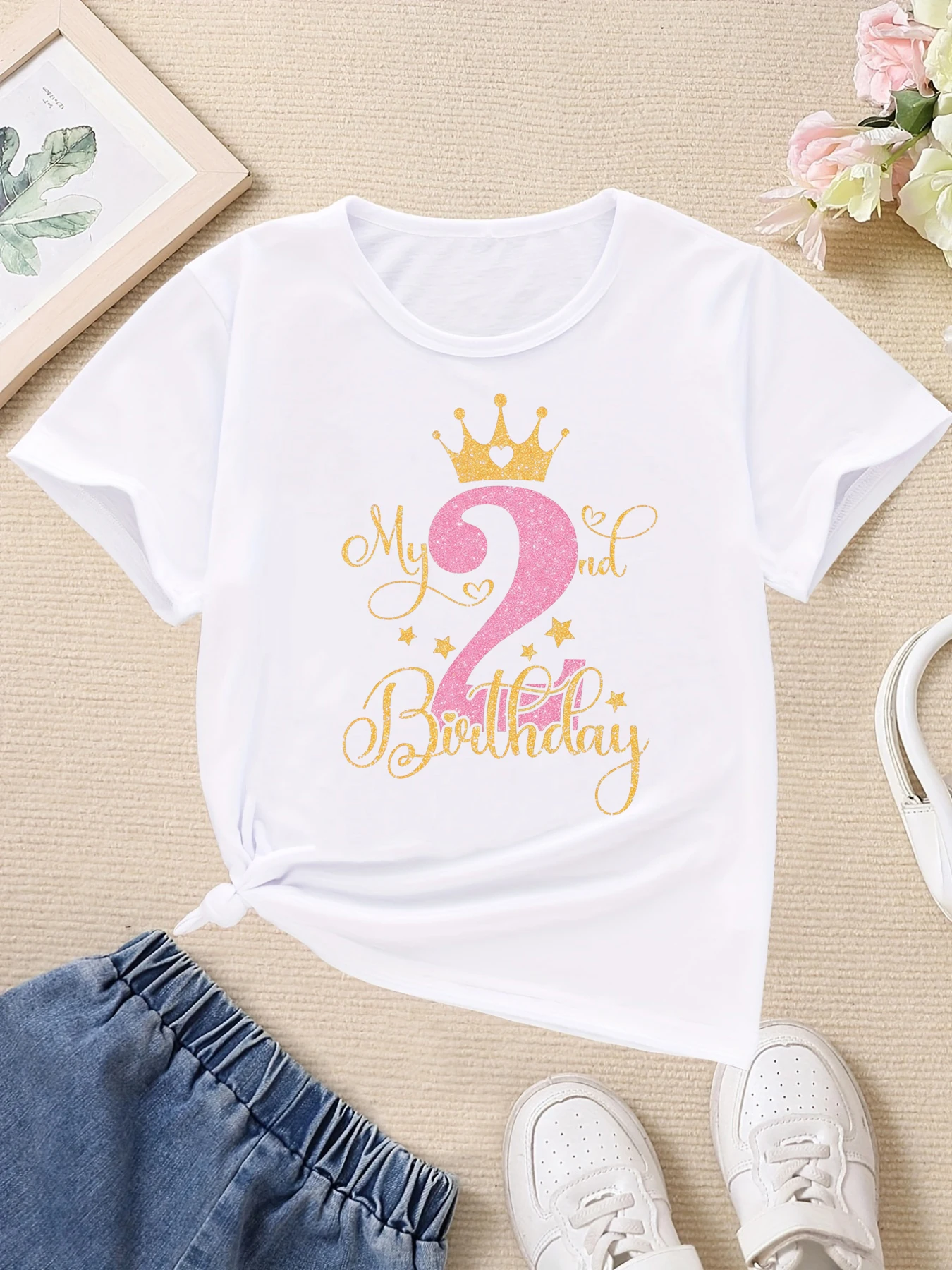 Custon Name My 2nd Birthday Crown Stars Hearts Printed T Shirt Girls The Best Birthday Gift T-Shirt Summer Short Sleeve T-Shirt