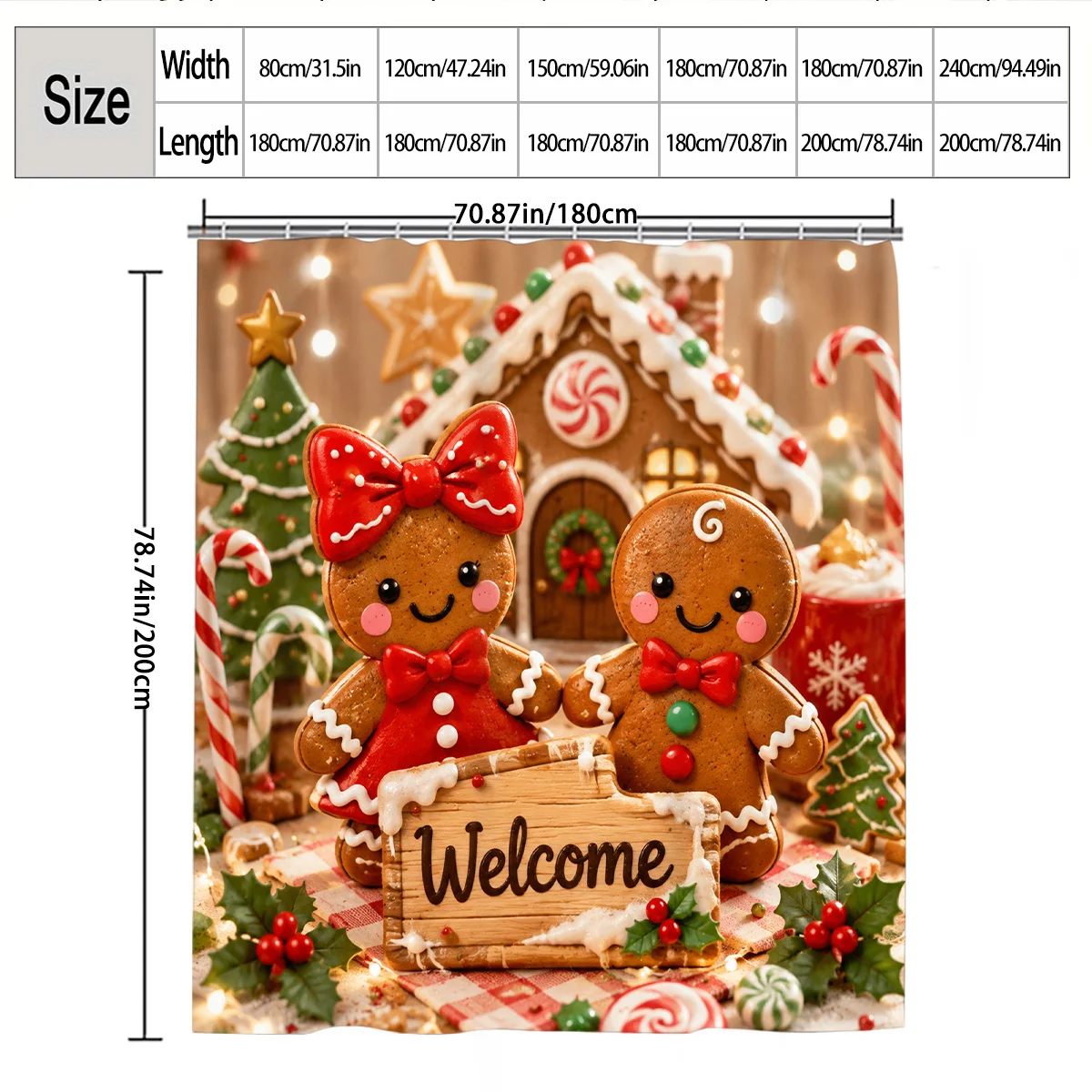New in 2026 1pc 2D Flat Christmas Gingerbread Couple Shower Curtain, Bathroom Decor, Multi-Size Options (31.5X70.87inch, 47.24X70.87inch, 59.06X70.87inch, 70.87X70.87inch, 70.87X78.74inch, 94.49X78.74inch) Includes Hooks, Bathroom Additions, Birthday Gift