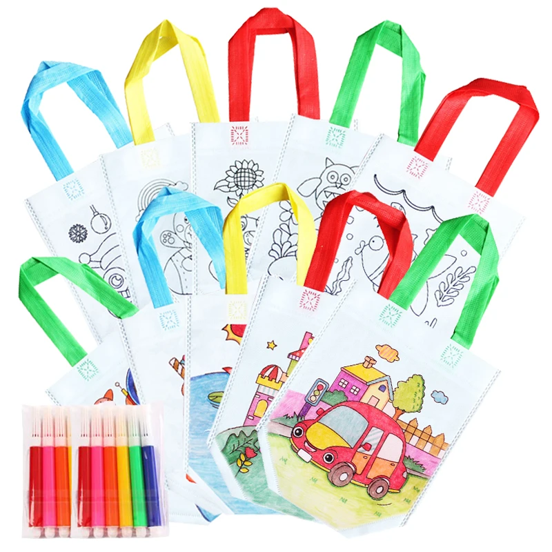 5Pcs DIY Coloring Bags with Markers Carnival Art Party Goodie Bags for Kids Eco Mini Non-Woven Fabric Shopping Storage Bags