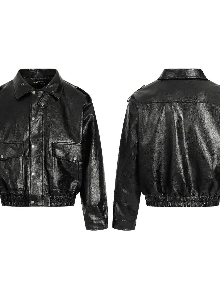 

Американская кожаная куртка из ПУ-кожи унисекс, винтажный открытый кардиган, черный, премиум-класса, с воротником, свободного кроя, в мотоциклетном стиле