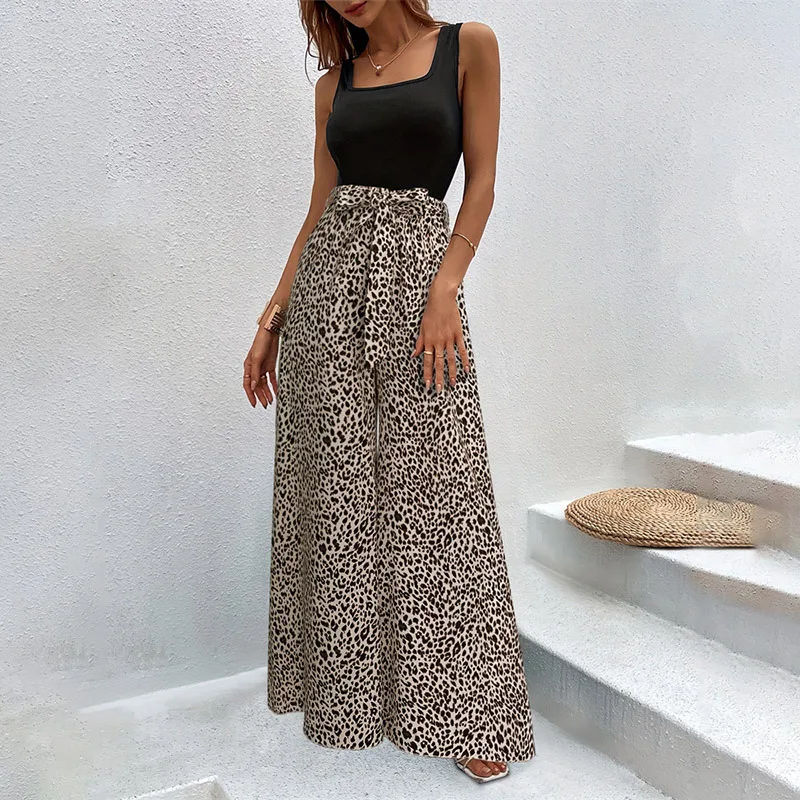 

Women's Stretch-fit Slim Elastic Waist Leopard Print Wide-Leg Pants Formal Commuting Belt with Bow Tie