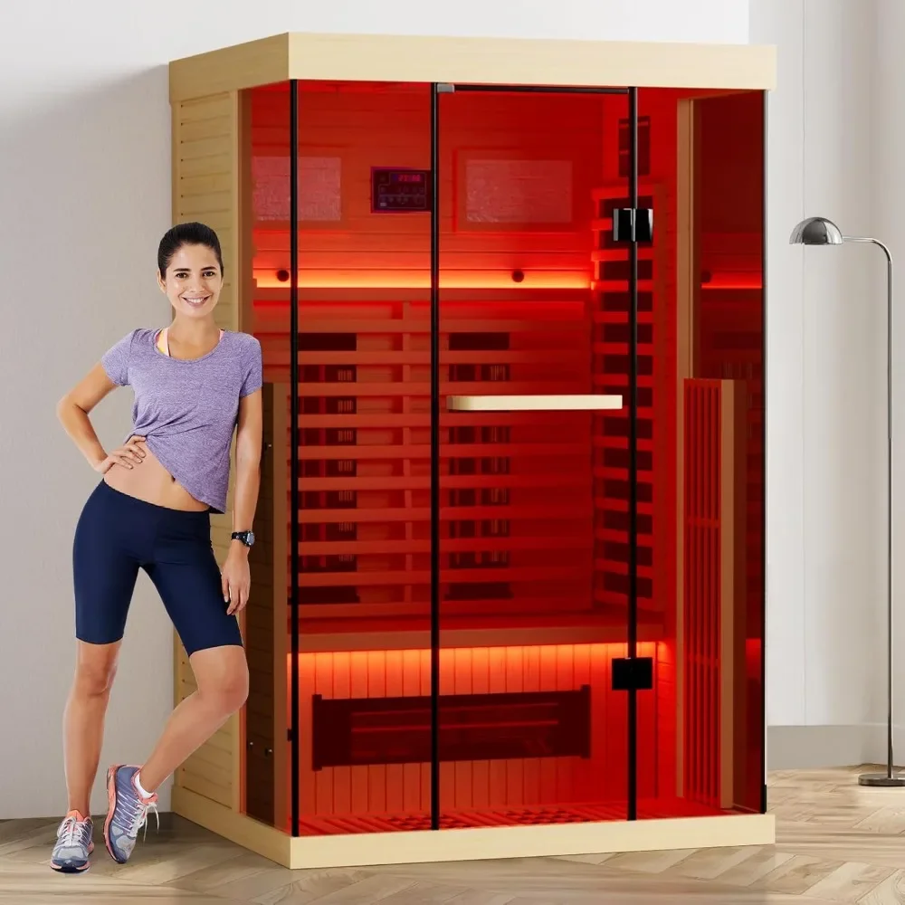 Full Spectrum Infrared Sauna with Resonance Speaker, Panoramic Tempered Glass Door，Wooden Canadian Hemlock Indoor Spa Sauna