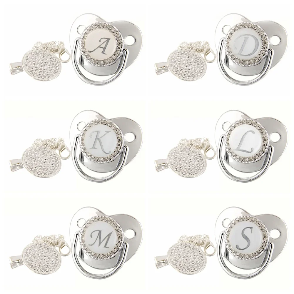 Initial Letters Bling Baby Pacifier Silver 26 Letter Silicone Pacifiers with Rhinestone Pacifier Clip Infant Nipple Shower Gift