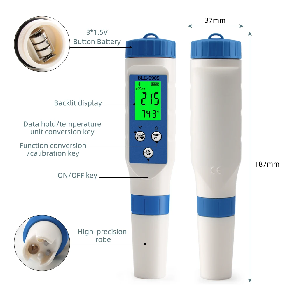 BLE-9909 Intelligent Bluetooth Salinity Meter Water Quality Test Pen PH Meter for Aquariums Pool Fish Tank Seafood Aquaculture