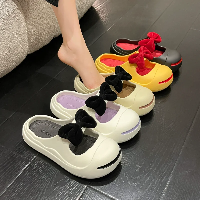 

Korean Summer Girls Slippers Cute Bow Heavy-bottomed Heightening Slippers Kawaii Sandalias Beach Garden Shoes 36-41