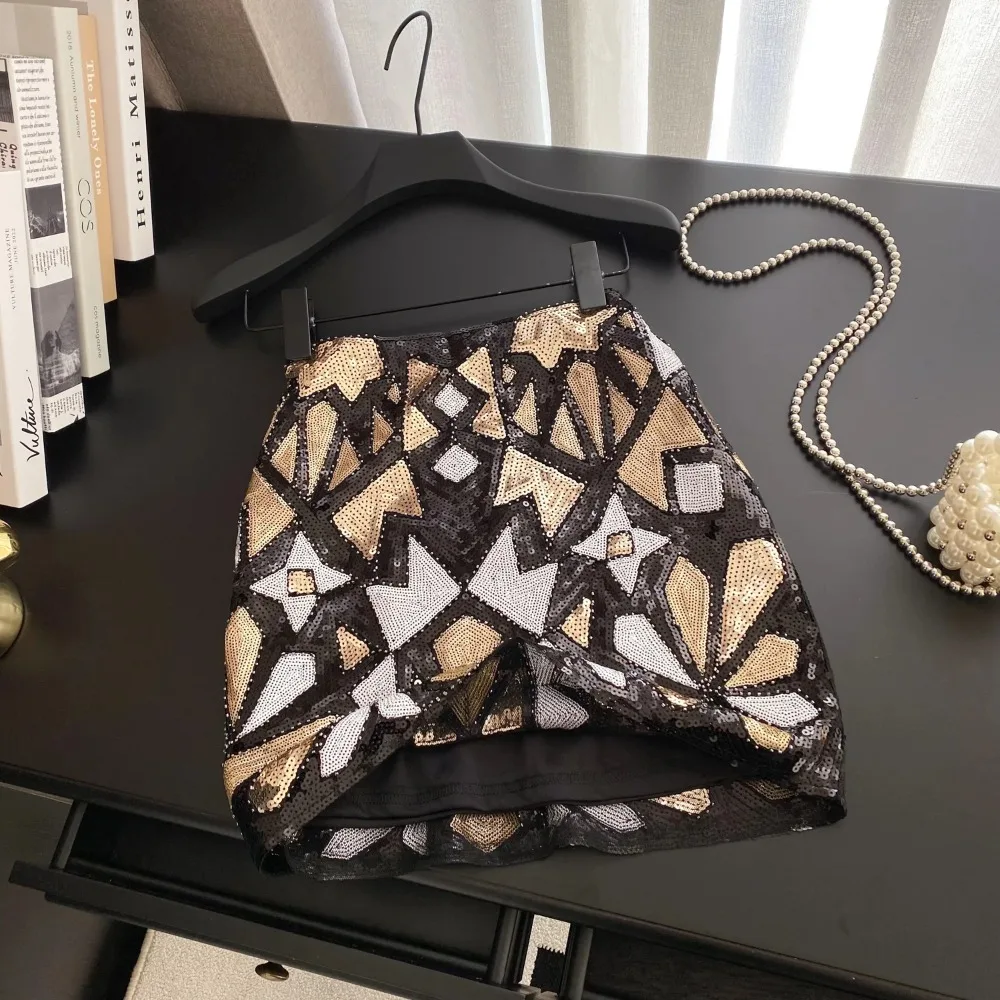 Elegant Chic asymmetrical patchwork glitter Sexy Skirt Elastic  Korean Fashion Vintage Skirt Slim Casual Summer Clothing