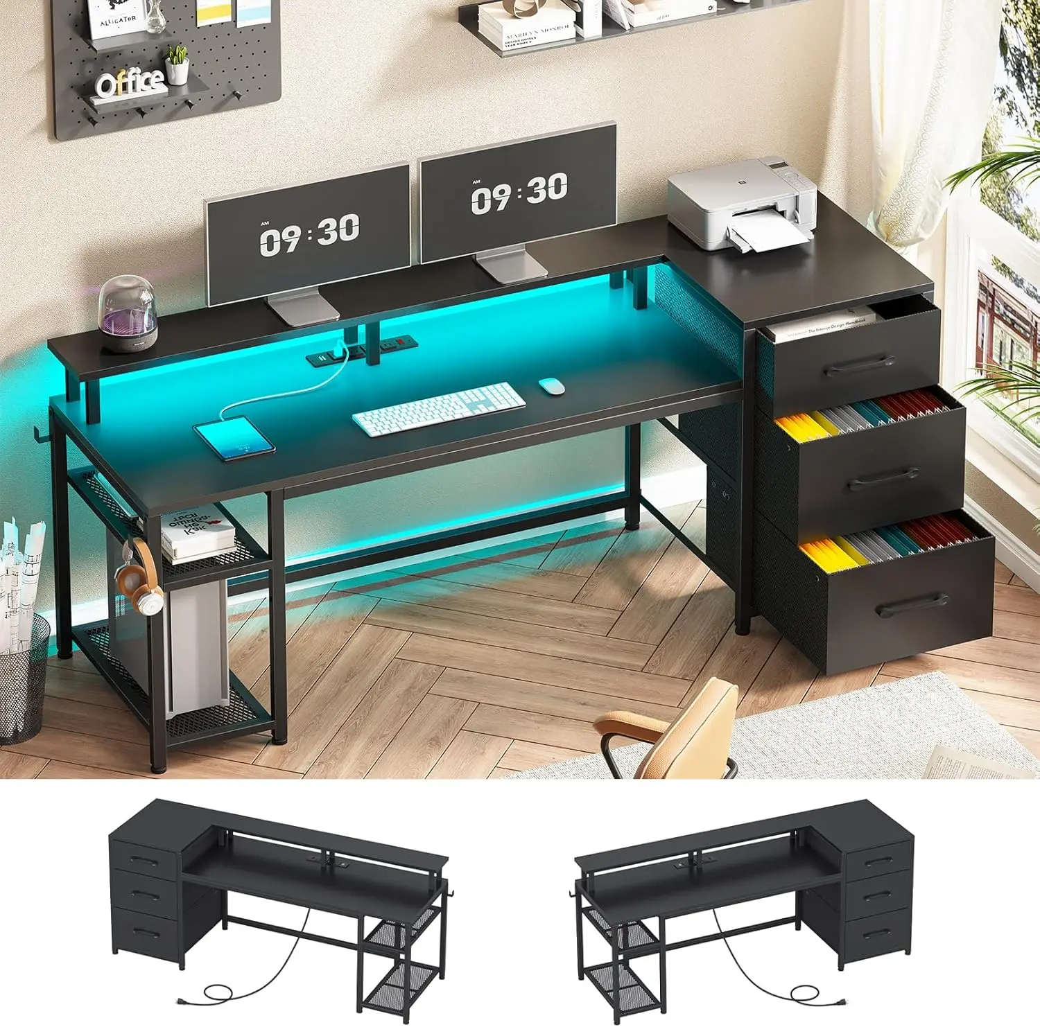 

59 inch office desk with drawers, reversible computer desk with file drawers and storage