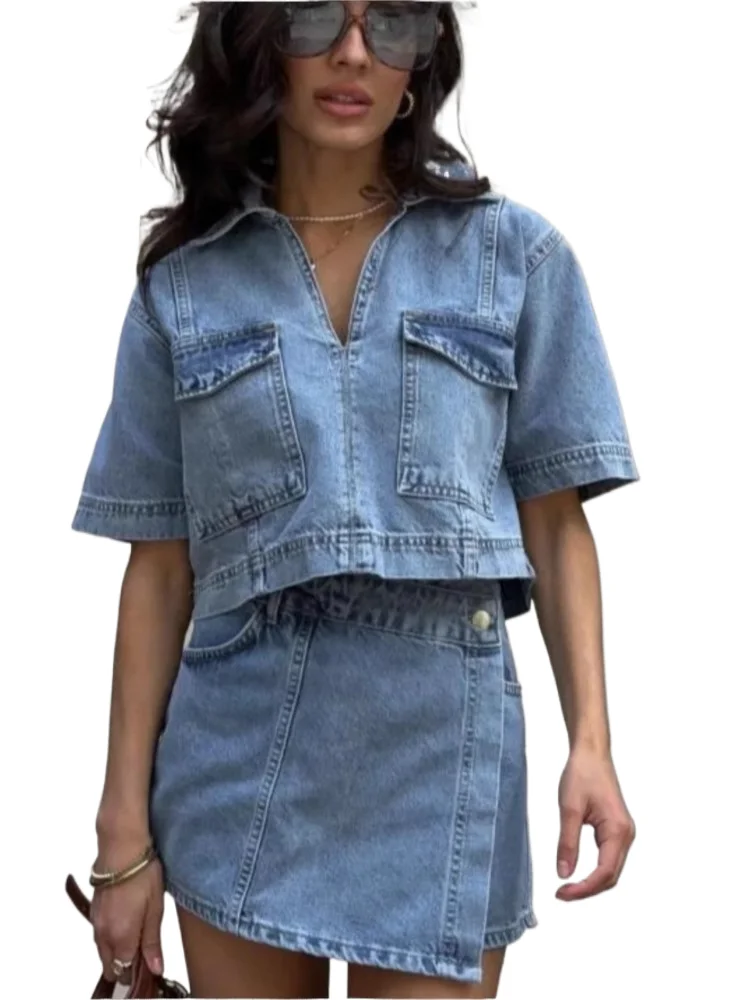 

Casual Denim Shorts Two Piece Set For Women Summer 2025 Fashion Elegant V-neck Short Sleeved Top High Waist Shorts 2 Piece Sets