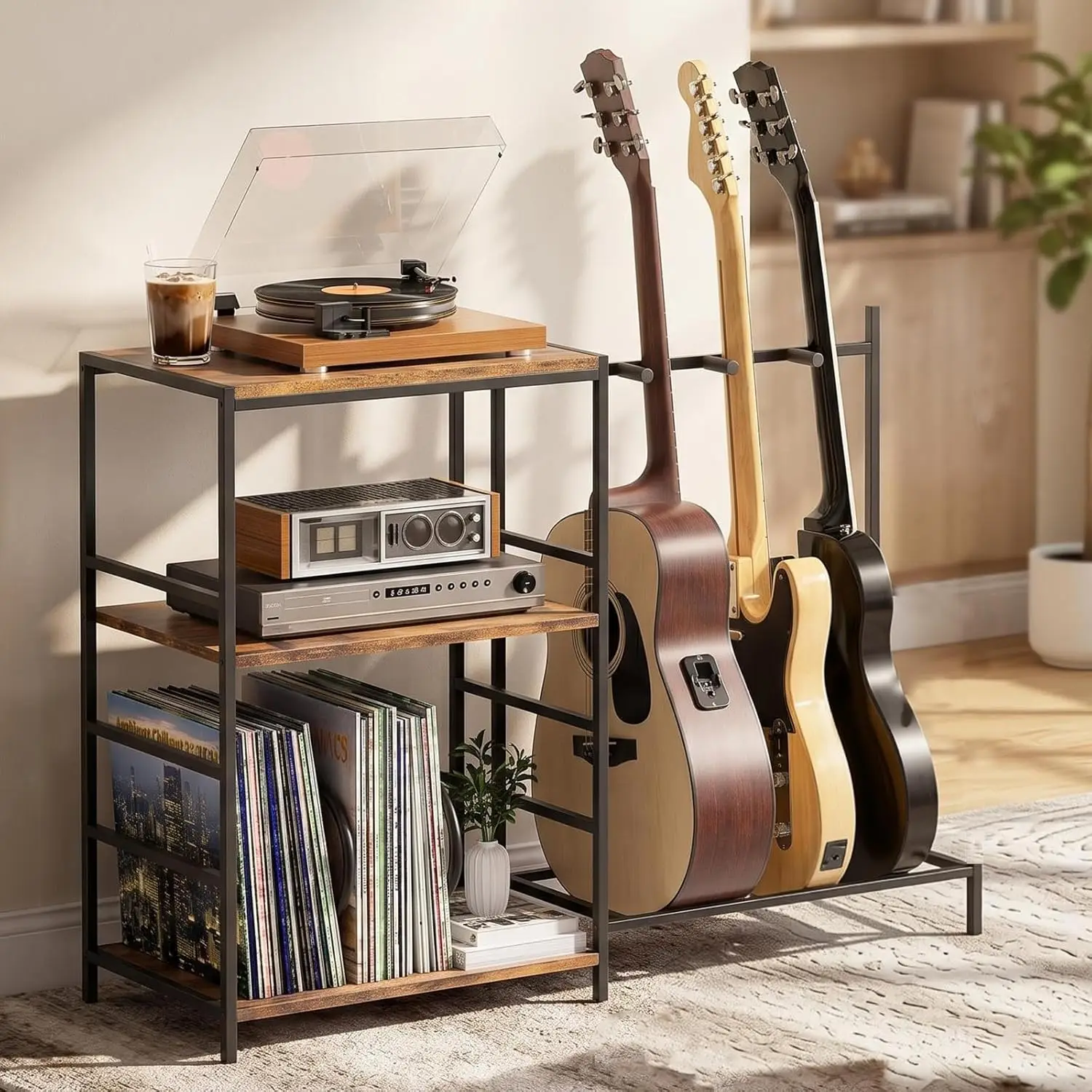

3-Tier Guitar Stand with Storage Shelf for Acoustic Electric Bass Ukulele, Foam Padded Metal Rack