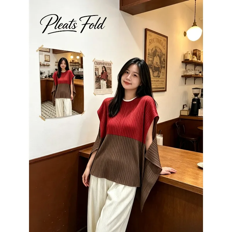 Miyake Pleated 2026 Summer Fashion Color Block Top Loose Casual Versatile Irregular Short Sleeve Design T-Shirt for Women Pleat