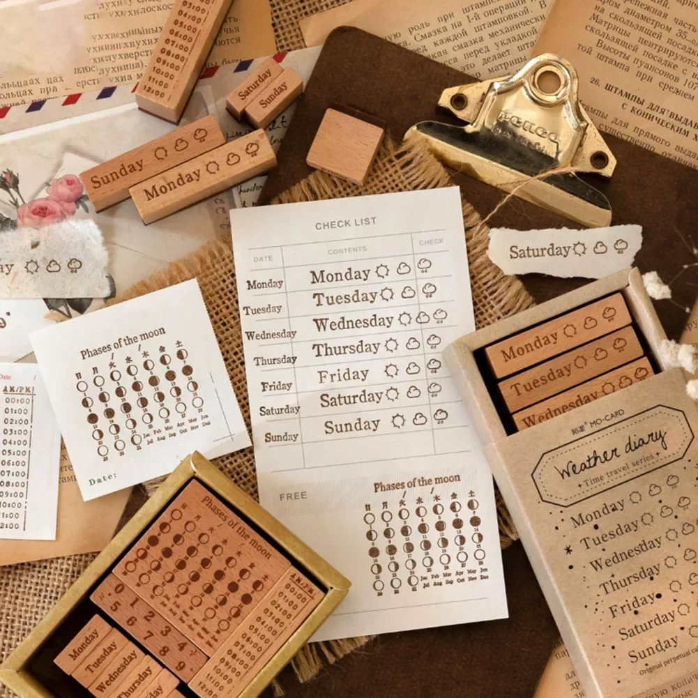 1 Set Wood Stamps Time Date Week Pattern For Handmade DIY Diary Scrapbooking Cards Embossing Craft Scrapbooking Supplies