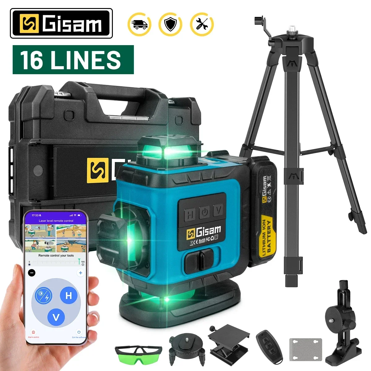 Gisam 16 Line 4D Laser Level with Tripod Green Line Self-leveling 360 Horizontal Vertical Cross Light Measure Powerful Beam