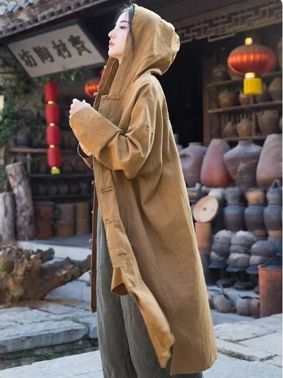 Women's Monastic Robe Windbreaker Cotton Linen Hooded Jaet Meditation Attire Buddhist Sle Long Coat Casual Vintage Loose Fit