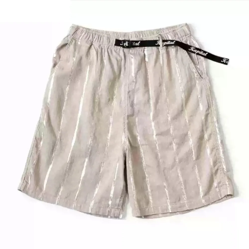 Kapital Style Hirata Linen Bright Color Coarse Stripe Vintage Drawstring Elastic Waist Shorts Casual Pants for Men