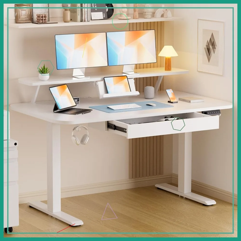 

Регулируемый стоячий стол 48x24 дюйма с ящиками, подставкой для монитора и памятью настроек для домашнего офиса, белый