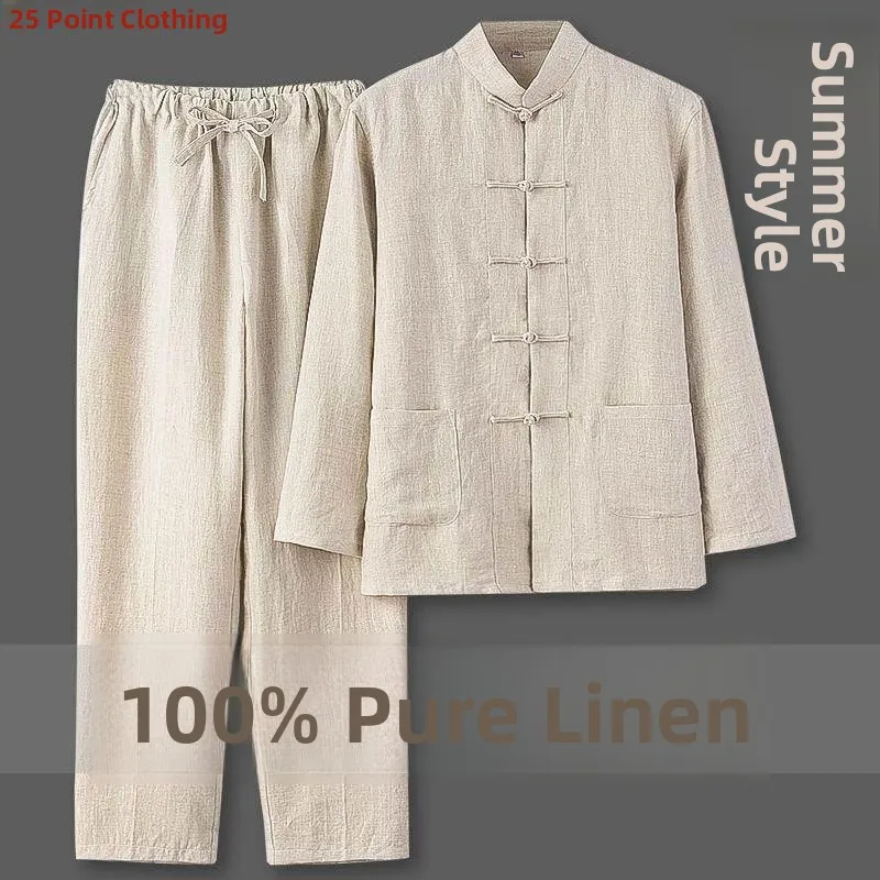 

Мужская одежда из чистого льна irt Long Sve, летняя китайская одежда для среднего возраста и ly, костюм Тан, молодежный аромат, дизайн на пуговицах