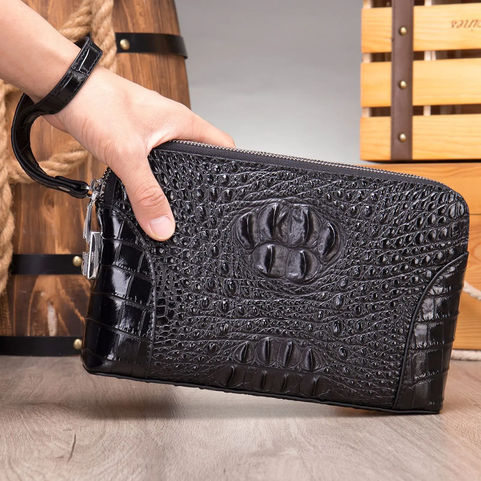Crocodilo Padrão Axila Clutch Bag, titular do cartão anti-roubo, carteira de luxo dos homens