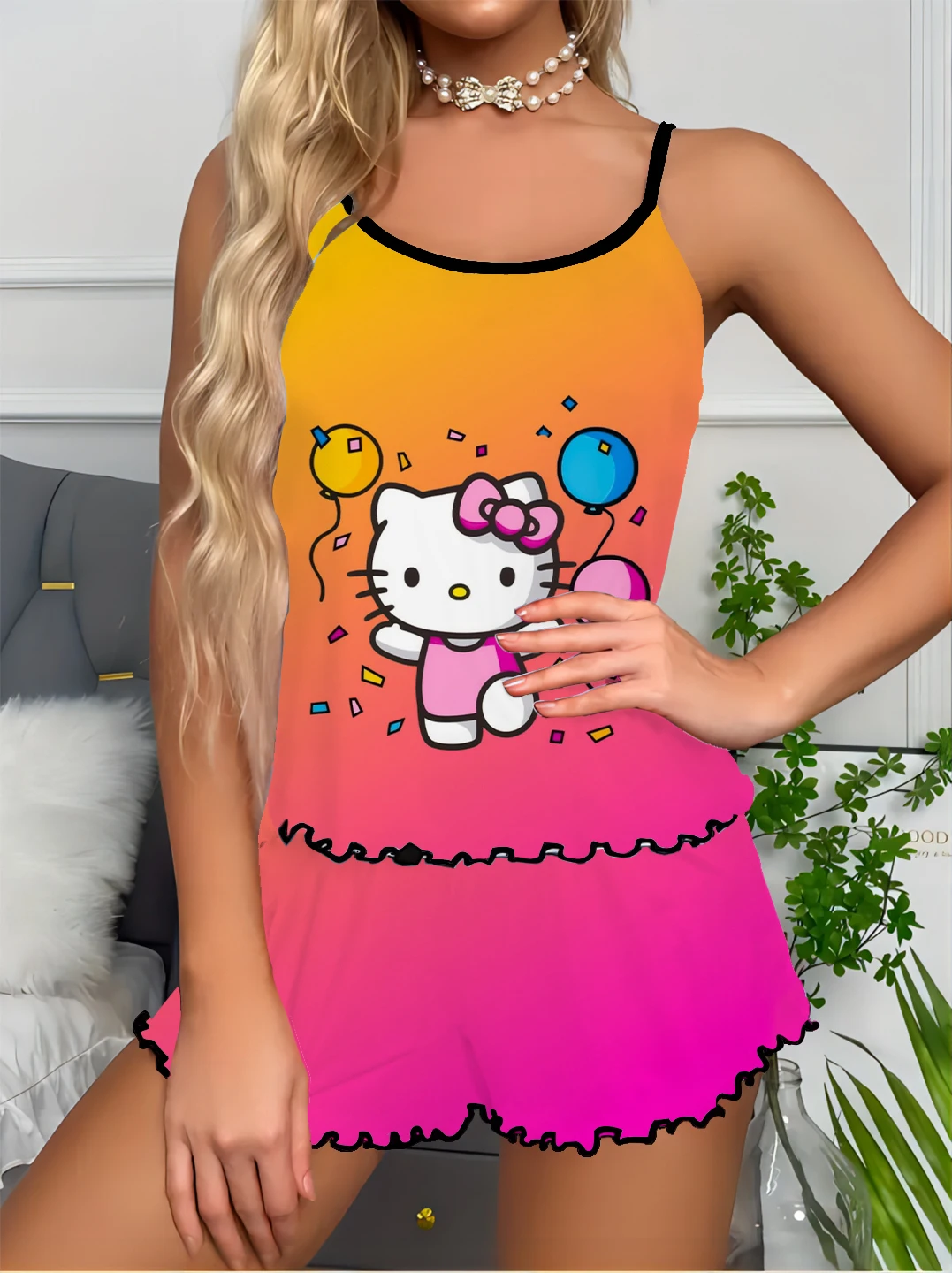 Summer Overalls Hello Kitty Elegant Satin Print Spaghetti Strap Camisole Feminine Round Neck Suit Comfortable Home Clothes