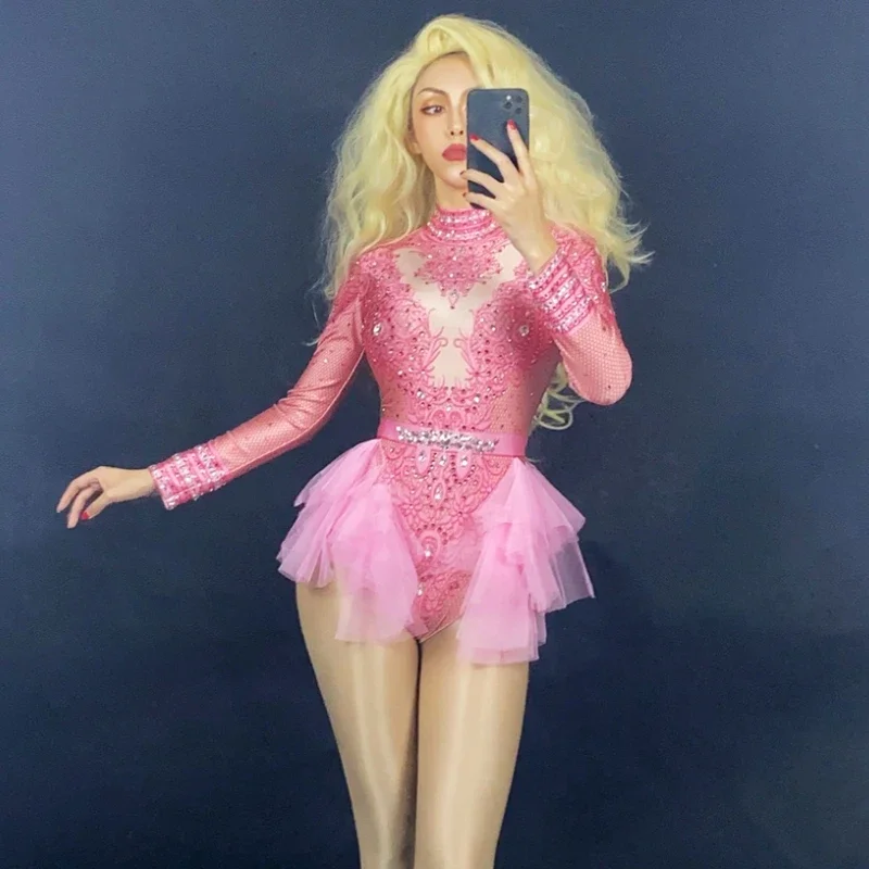 Lange mouw verjaardagsfeestje outfit danskostuum sexy showprestaties podiumkleding sprankelende strass roze kanten bodysuit