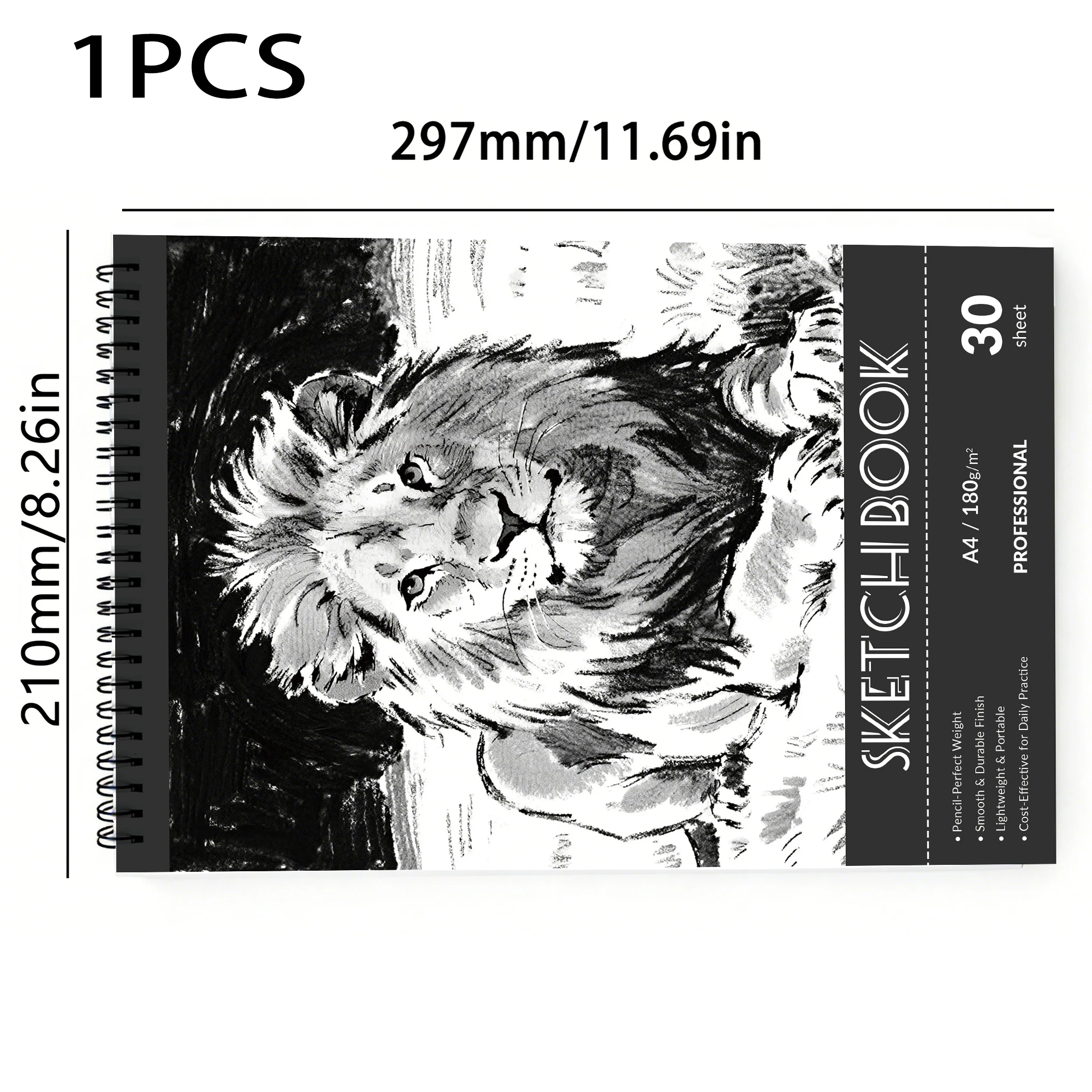 A4  Spiral Sketchbook 180gsm, Lion Ink Art Cover, 30 Sheets Acid-Free Drawing Pad for Back to School & Gifting