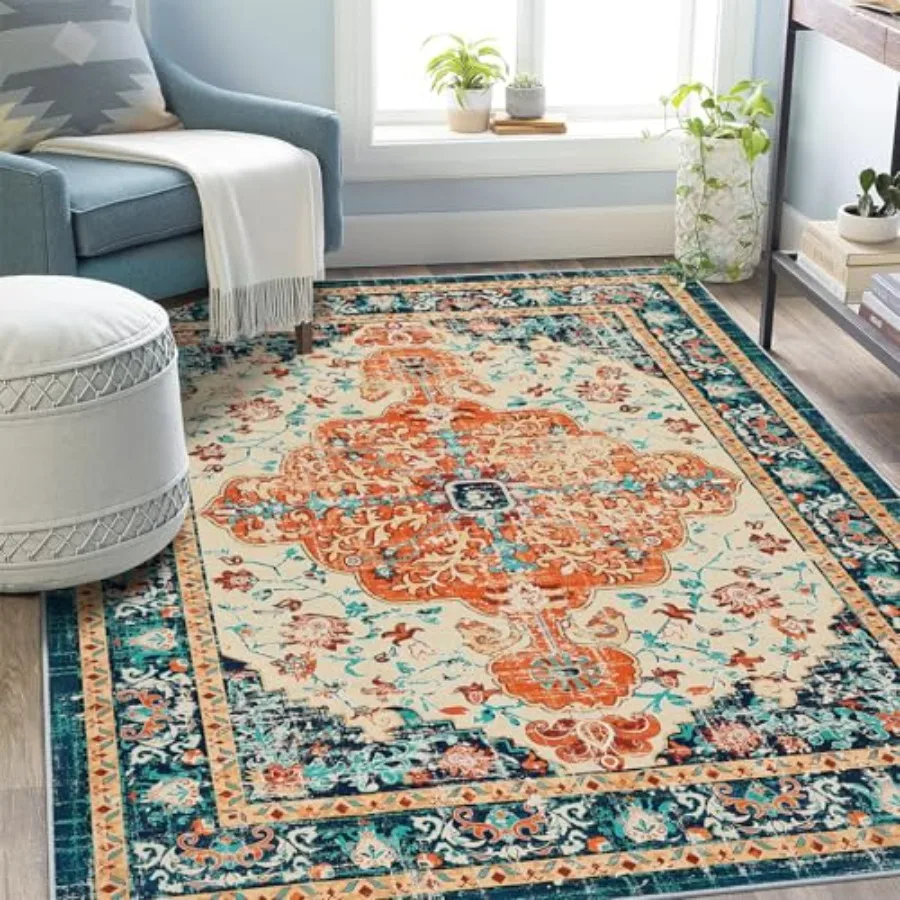 

Boho Vintage Area Rug 5x7 Machine Washable Low Pile Soft Floor Carpet Non Slip Non Shedding Accent Rug for Living Room Bedroom