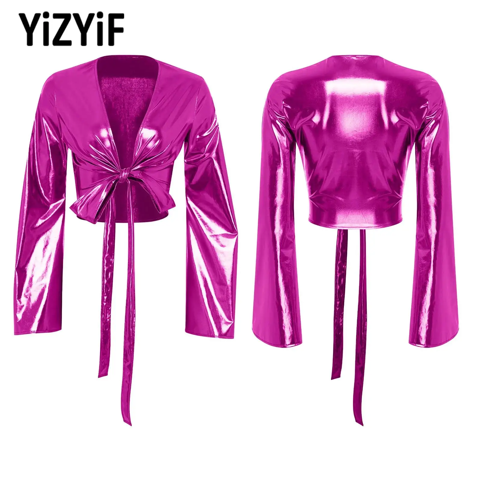 ملابس حفلات الكرنفال النسائية ملابس اليوغا والرقص ملابس علوية برباط علوي ملفوف بأكمام طويلة متوهجة غطاء علوي قصير #1