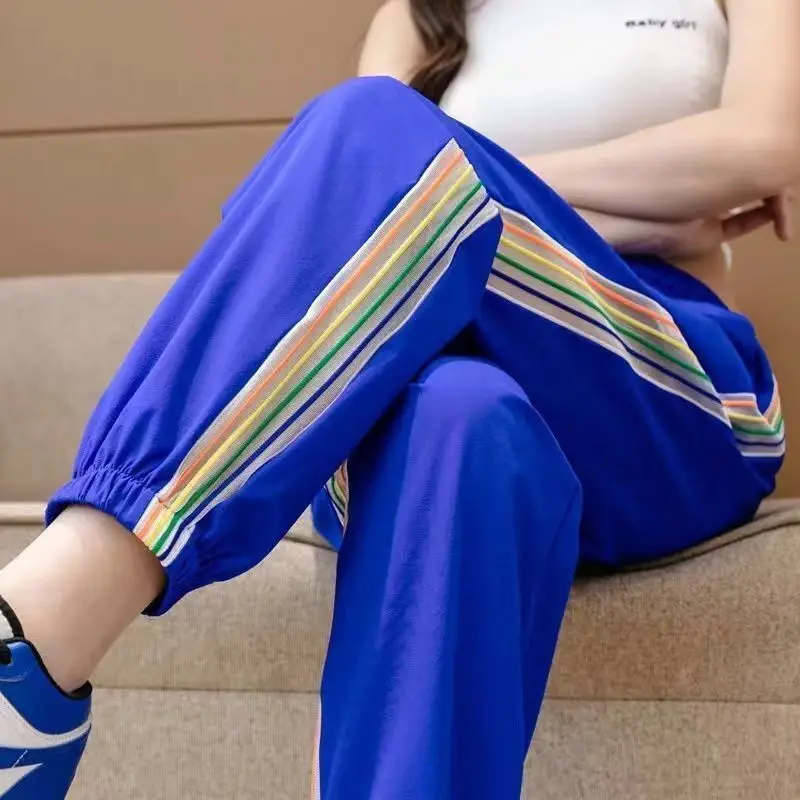 Multicolor Sweatpants Summer Thin Casual Patchwork Striped Elastic Waist Harem Oversized Loose Women Clothes Office Lady Pants