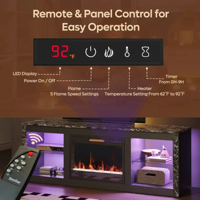 حامل تلفزيون Bestier Modern Electric 7 ألوان LED لأجهزة التلفاز حتى 70 بوصة، رخام أسود