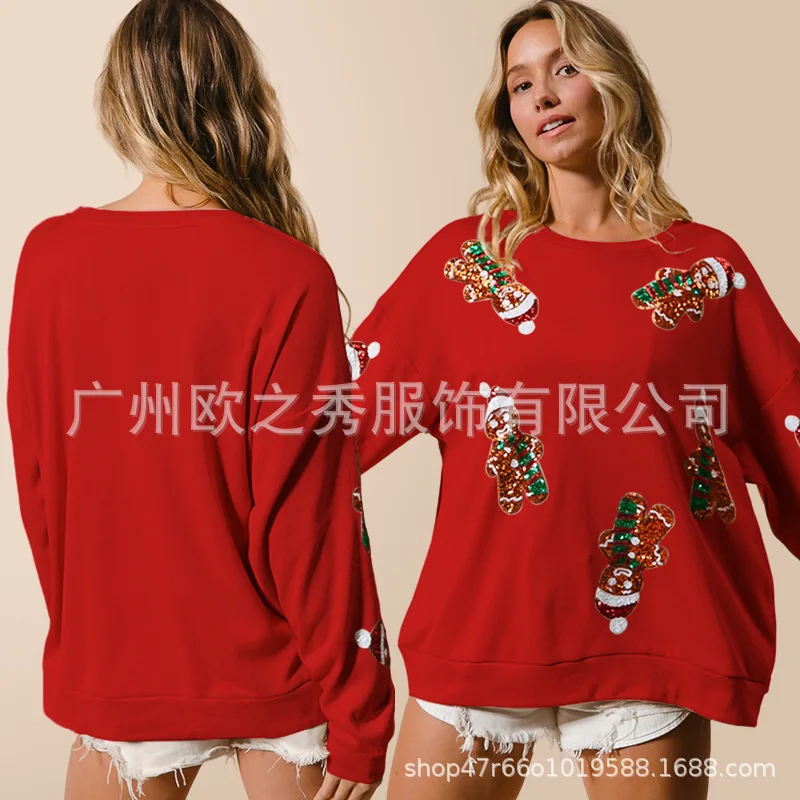 Sweatshirt Women Pullover Top Christmas Gingerbread Man Sequins Print Patchwork Round Collar Autumn Winter 2025 Casual Tops