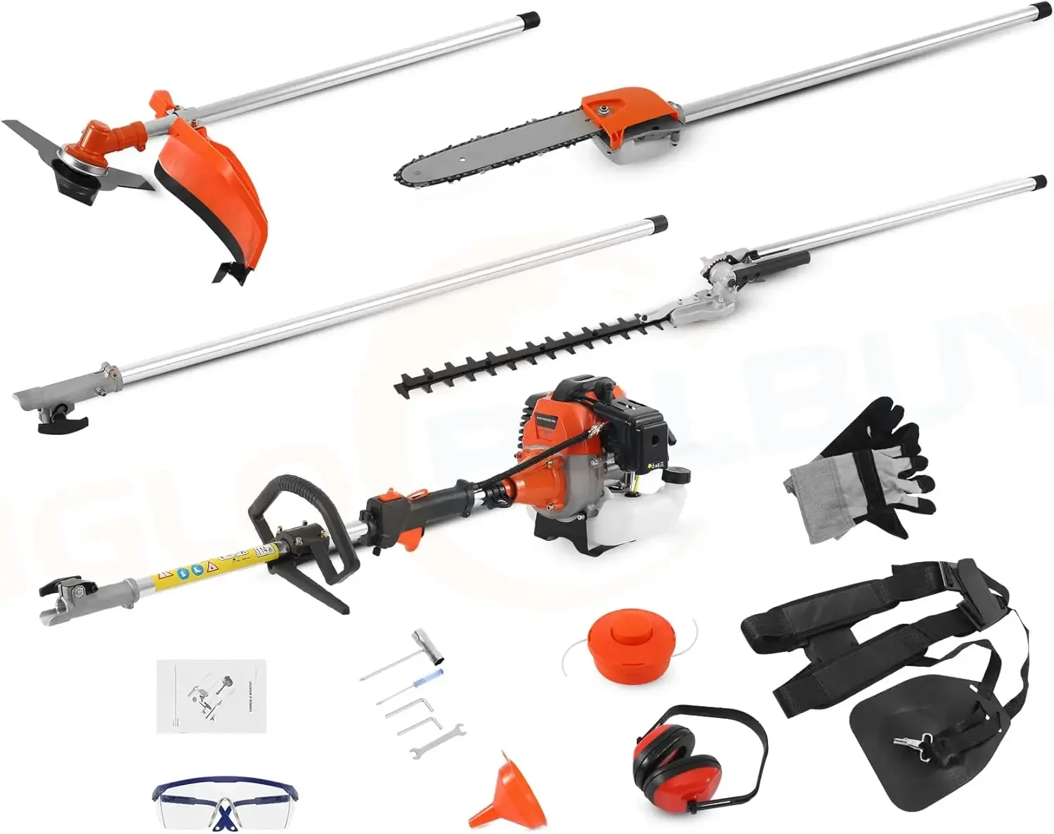 52cc 2-Stroke 5 in 1 Garden Hedge Trimmer Combo, Gas Powered Long Reach Pole Saw Grass String Trimmer Brush Tree