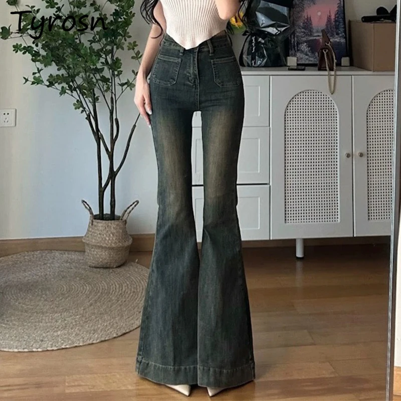 Jeans for Women Retro Washed Floor-Mopping Large Fishtail Elastic Trousers Slim High Waist Autumn New Hot Girl Ulzzang Aesthetic