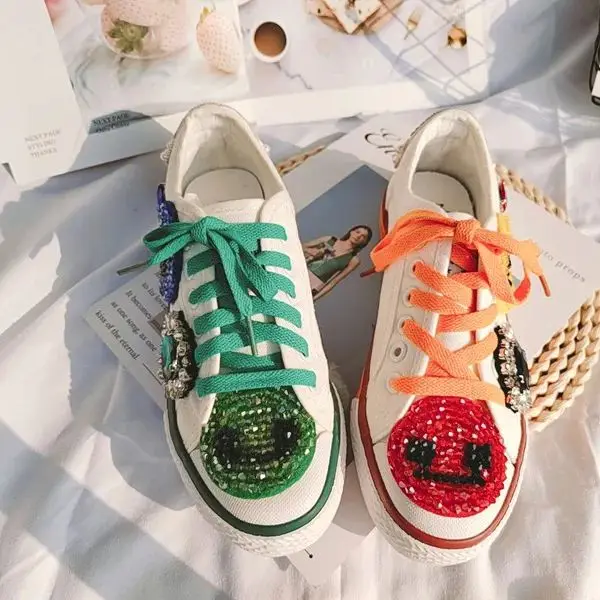 Classic Diamond Smile Hand-made lace-up Canvas Shoes for Women Casual Shoes Color matching Sneaker Fashion Special