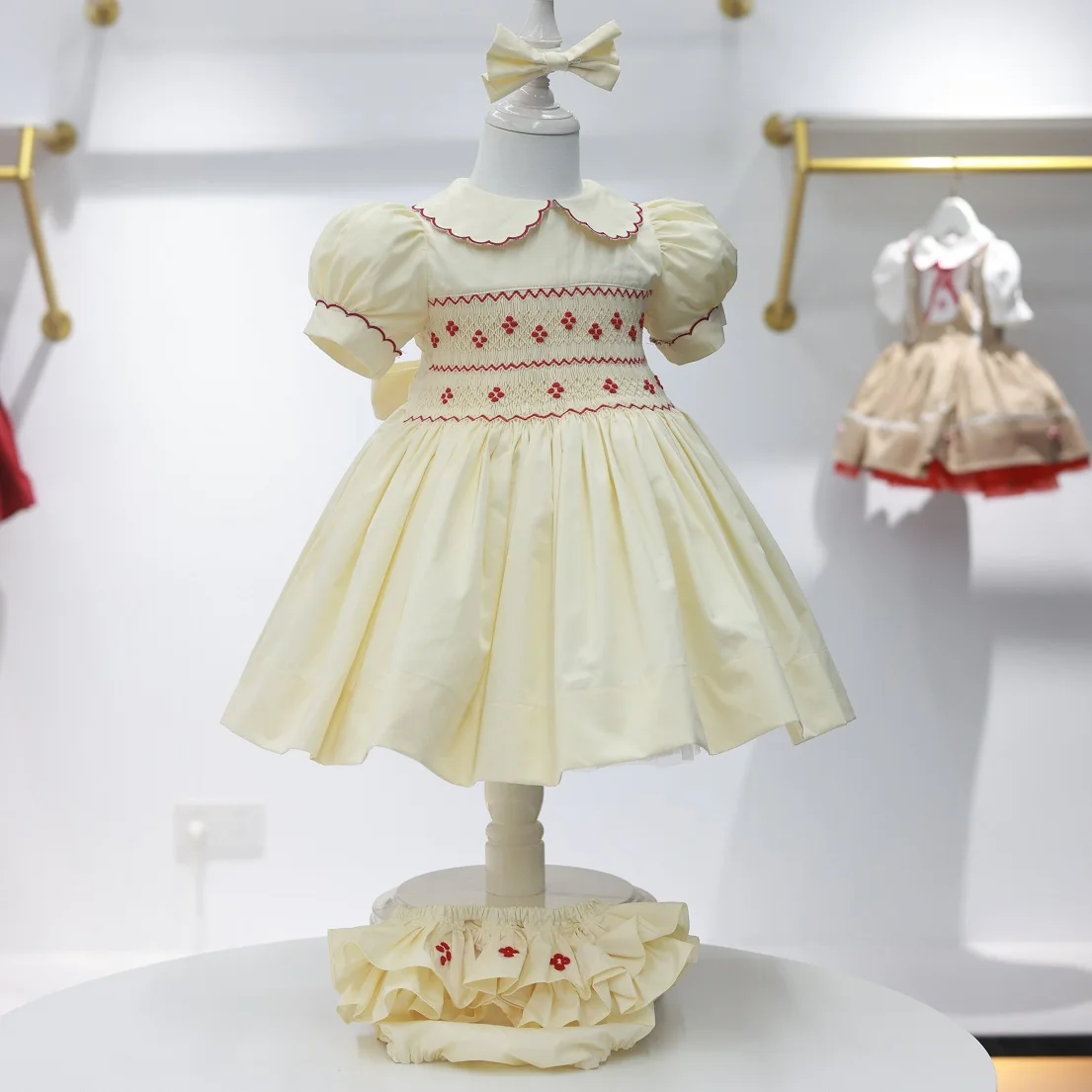 0-12Y Baby Girl Summer Red Flower Handmade Embroidery Smocked Beige Dress for Eid Birthday Party Holiday Christmas Casual A191
