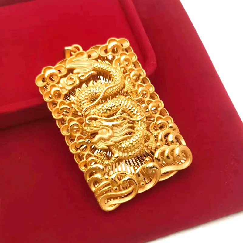 9999 gold vacuum engraved auspicious dragon relief lucky character pendant paired with a large necklace