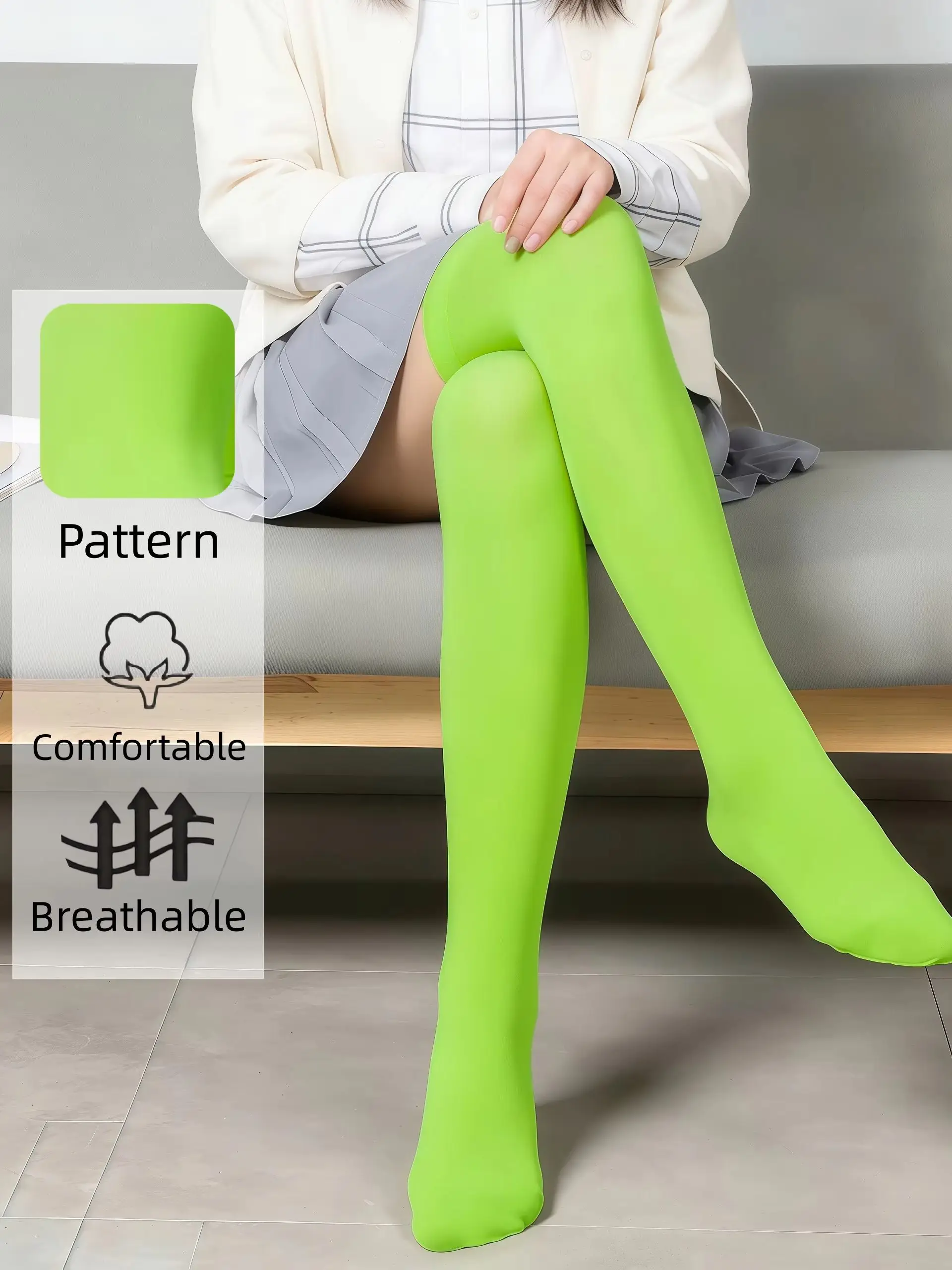 Neongrüne Overknee-Socken für Damen - Blickdichte Überkniestrümpfe, Weiche Bequeme Atmungsaktive Dehnbare Lange Socken für den Alltag – Detail 1