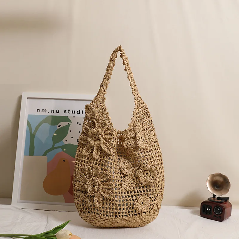 

3D Flower Hollow Woven Shoulder Bag, Fashionable simple straw bag, Large bucket bag, Tote bag for beach vacation, shopping