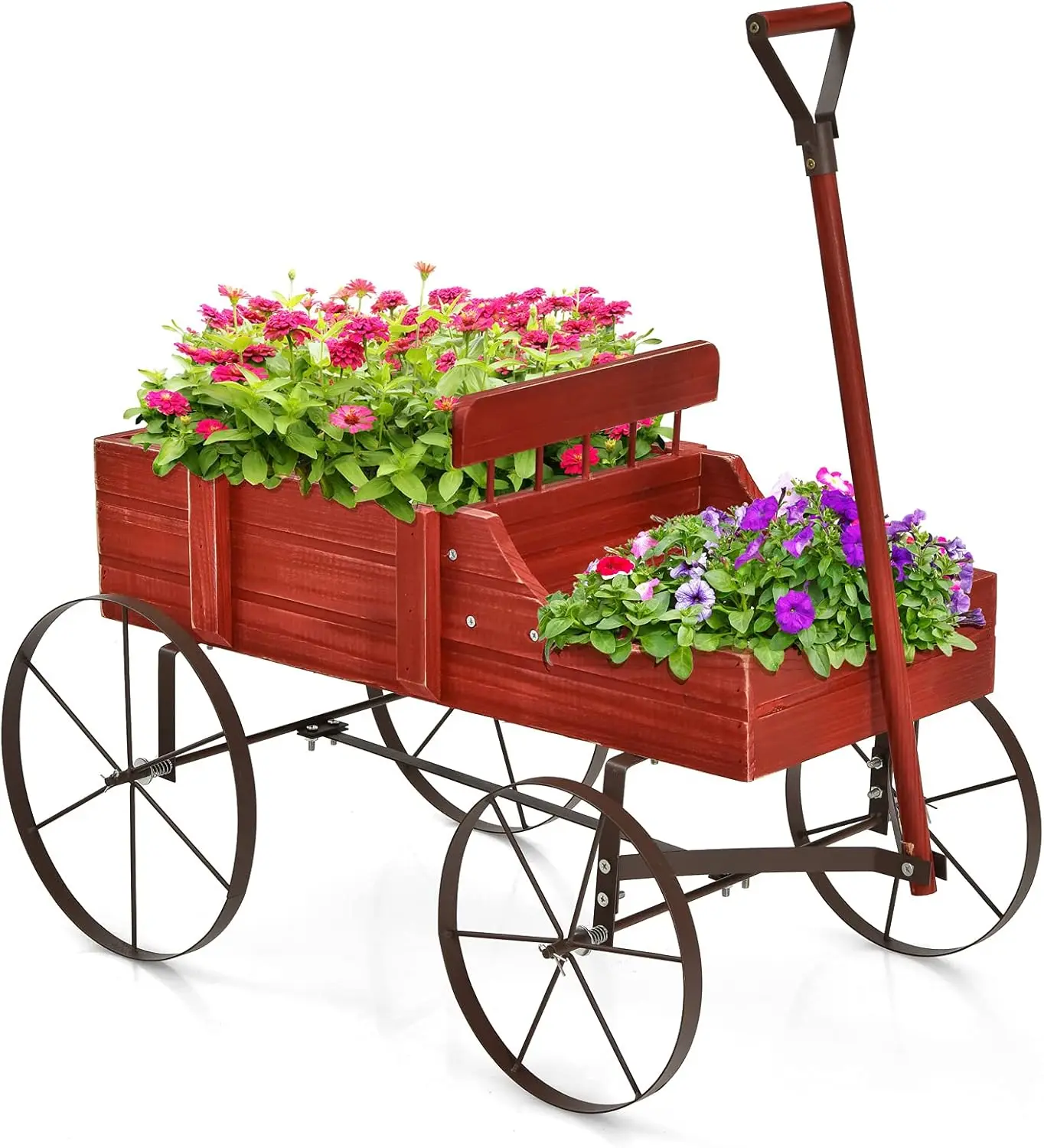 

Decorative Garden Planter, Small Wagon Cart with Metal Wheels, Wood Raised Beds Plant Pot Stand for Backyard Garden Patio 24.5"x