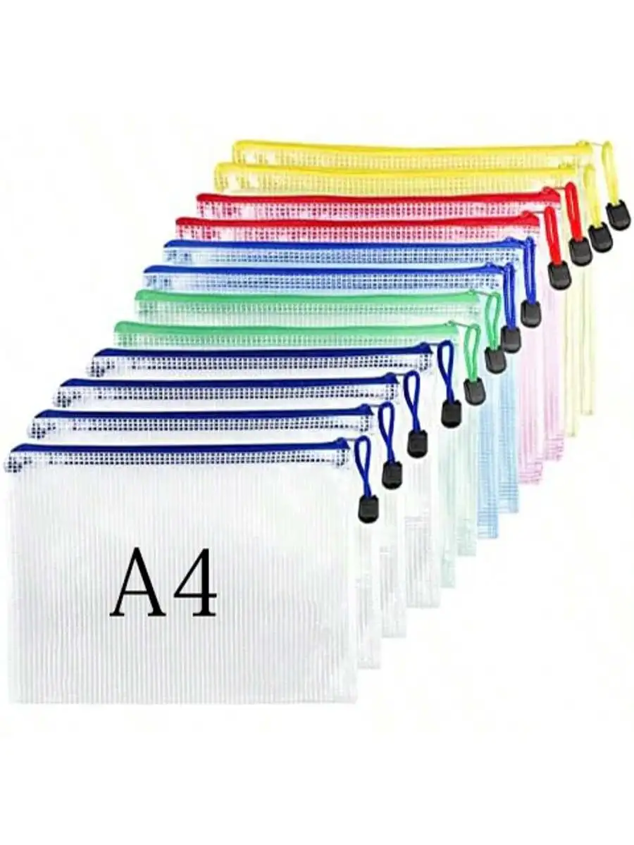 12pcs A4 Waterproof Zippered File Bags Plastic Mesh Bag for Travel Office Supplies 5 Colors