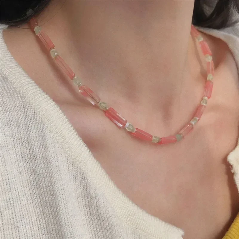 925 Sterling Silver Natural Stone Stitching Necklace Red And Green Niche Collision Color Design Female Adjustable Clavicle Chain