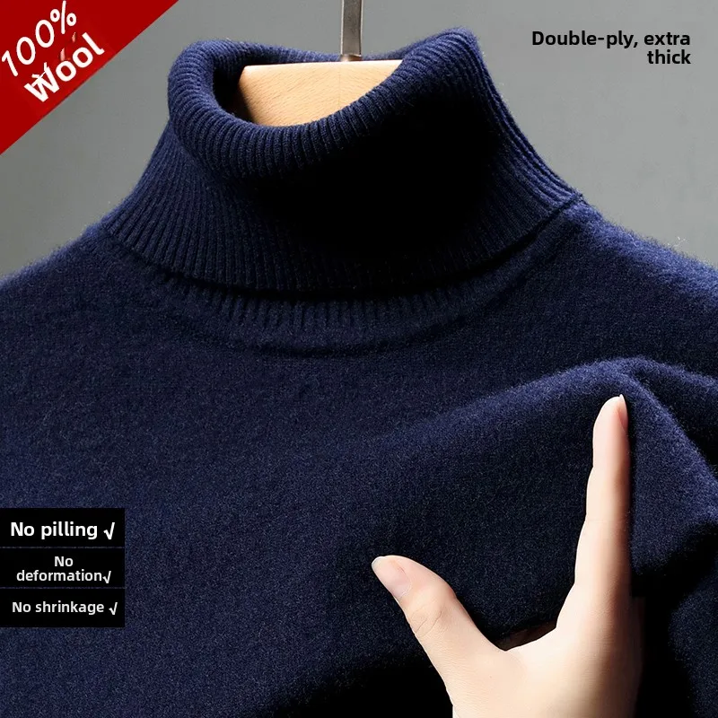 Sweater Rajut Wol Pria Kerah Tinggi Musim Dingin Fashion Bisnis Kasual Longgar Nyaman Hangat Bernapas