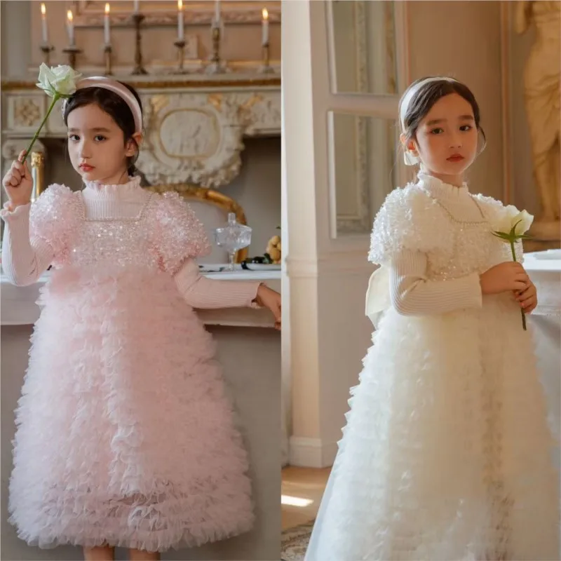 2026 Girls' Solid Color Long Sleeve Dress Children's New Trendy Puff Dress Kids' Party Princess Birthday Dress For Gift LI849