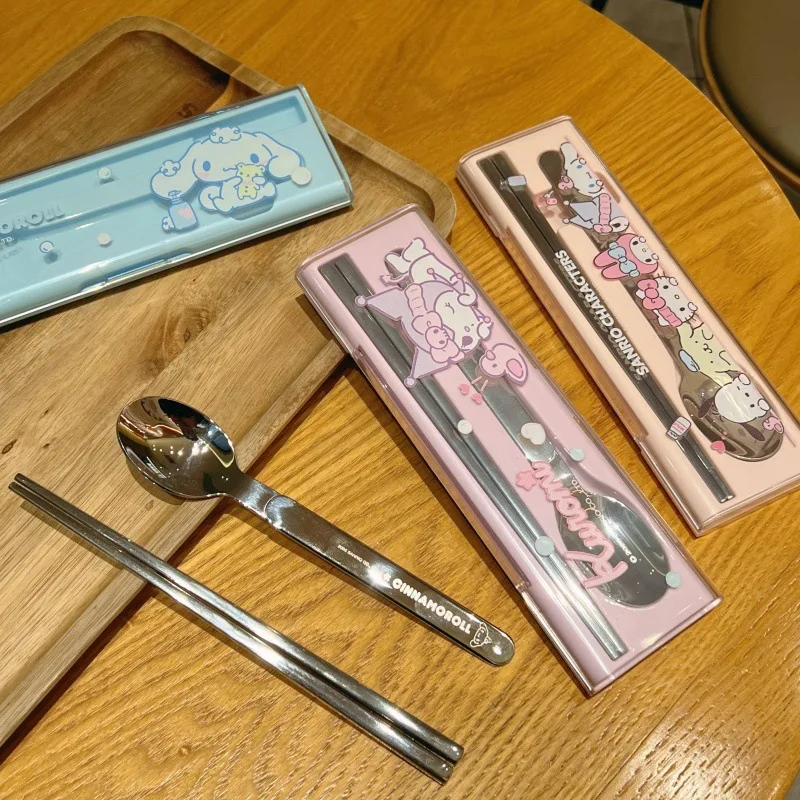 

anime Hello Kitty Kuromi Spoon and chopstick set My Melody cute student decorate Portable Stainless steel tableware Gift