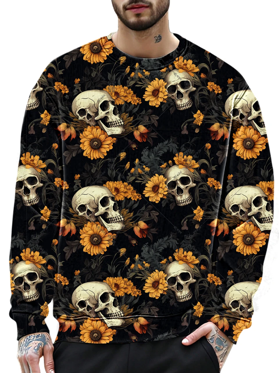 

2025 Trending Products Fashion Skull Crew Neck Pullover Trend Retro Dazzling Cool Men's Clothes Breathable Comfortable Male Top