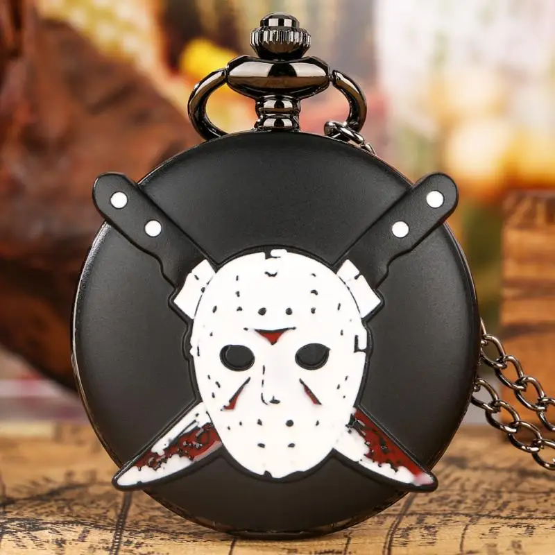 Black Halloween Double Ghost Knife Punk Skull Dial Quartz Pocket Watch Necklace Pendant Street Party Gifts Jewelry for Men Women