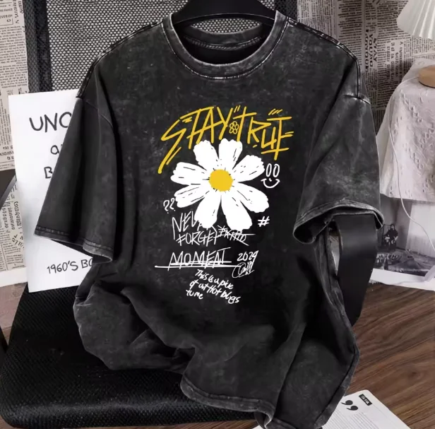 Vintage Daisy Flower T-Shirt Wash Summer Cartoon Holiday Harajuku Aesthetic Streetwear Shirt Unisex Pattern Printed