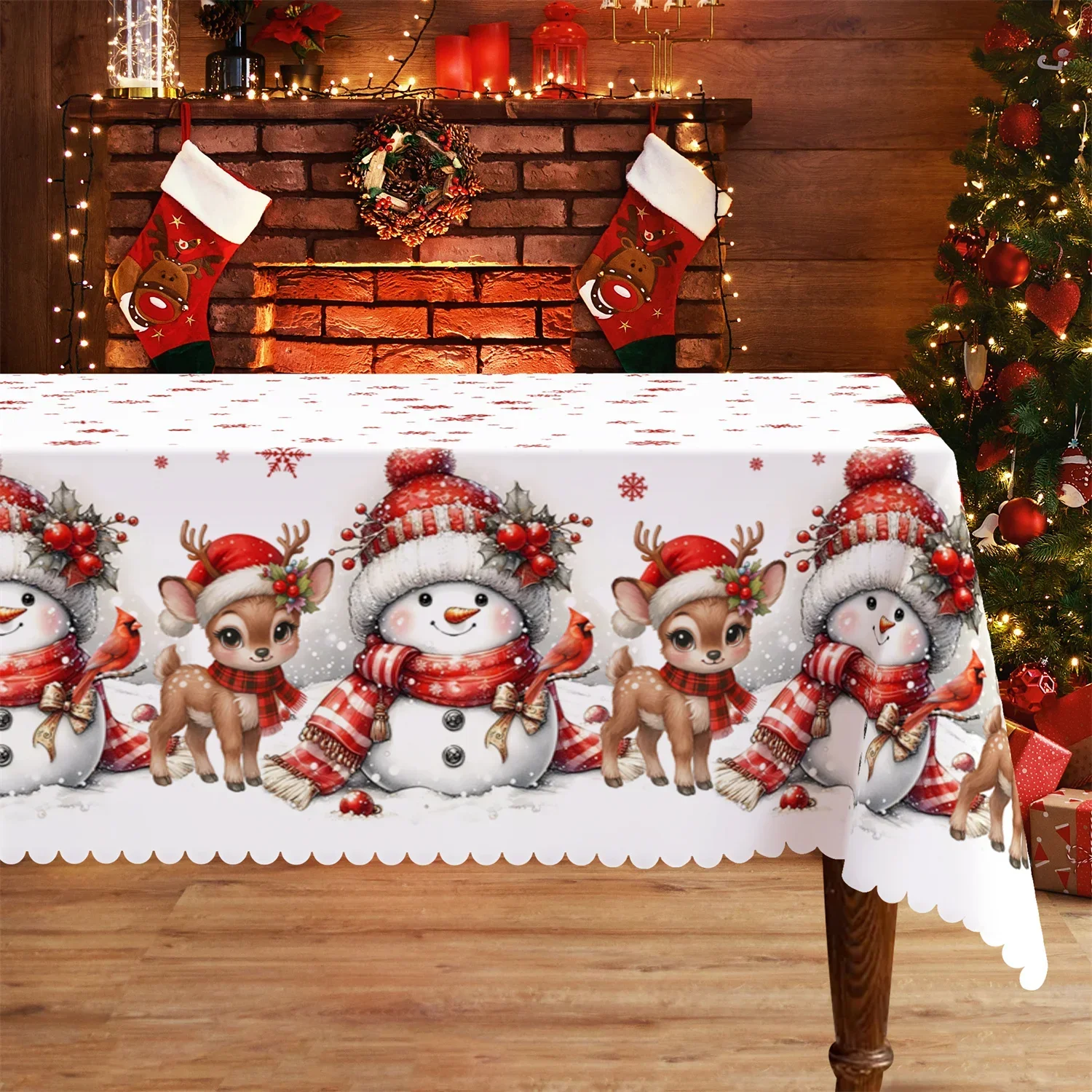 Polka dot snowman snowflakes cherry-blossom deer red-feathered bird fruits leaves Christmas tablecloth 1 pack yzb