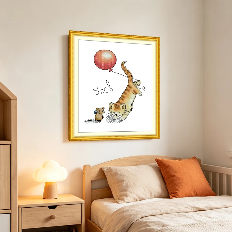 Joy Sunday Wholesale Balloon Cat & Mouse Cross Stitch Kit Set, Counted Stamped Aida DMC Thread DIY Embroidery Craft Supply
