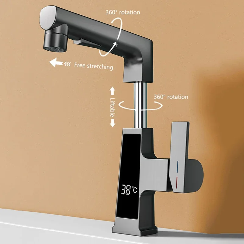 Digital Display Pulling Faucet Intelligent Temperature Sensor Brass Washbasin Taps Rotating Lifting Cold and Hot Water Mixer Tap