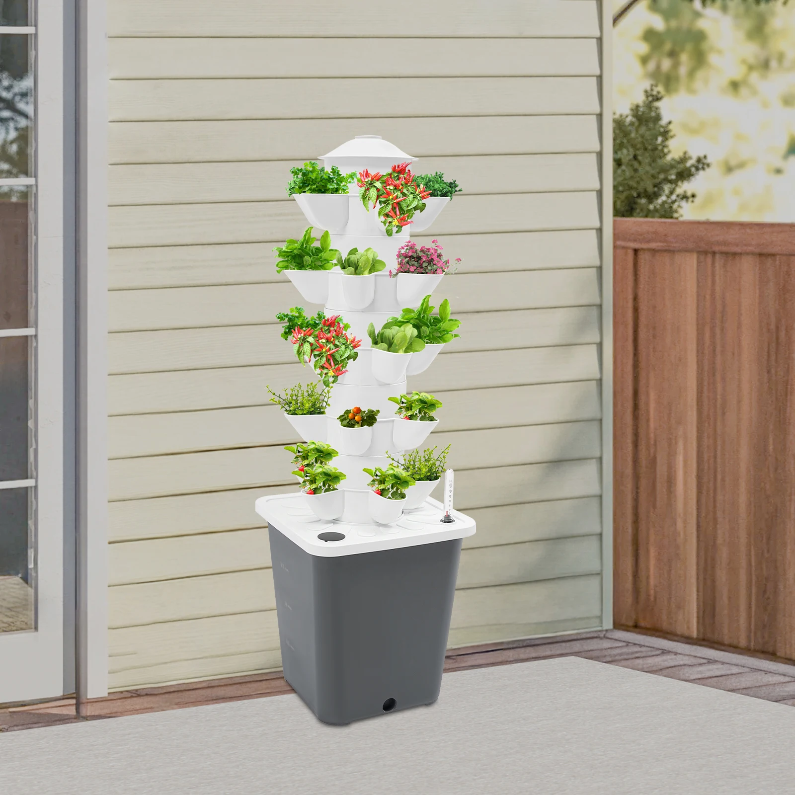 

Grey, 25-Pod Hydroponic Growing Kit, Vertical Tower Garden System, Indoor Hydroponic Growing Kit with Pump & Water Level Gauge