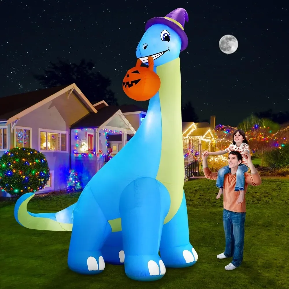 

13Ft Giant Halloween Inflatable Decorations Dinosaur, Build-in LEDs & Strong Blower Bite Huge Pumpkin with Witch Hat Large Blow